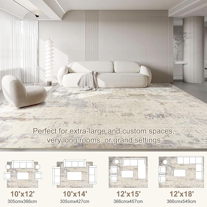 UERMEI 10x12 Area Rug Living Room Rugs - Washable Neutral Modern Abstract Soft Thin Rug Indoor Floor No Slip Rug Carpet for Bedroom Under Dining Table Home Office Decor - Light Brown/Gray
