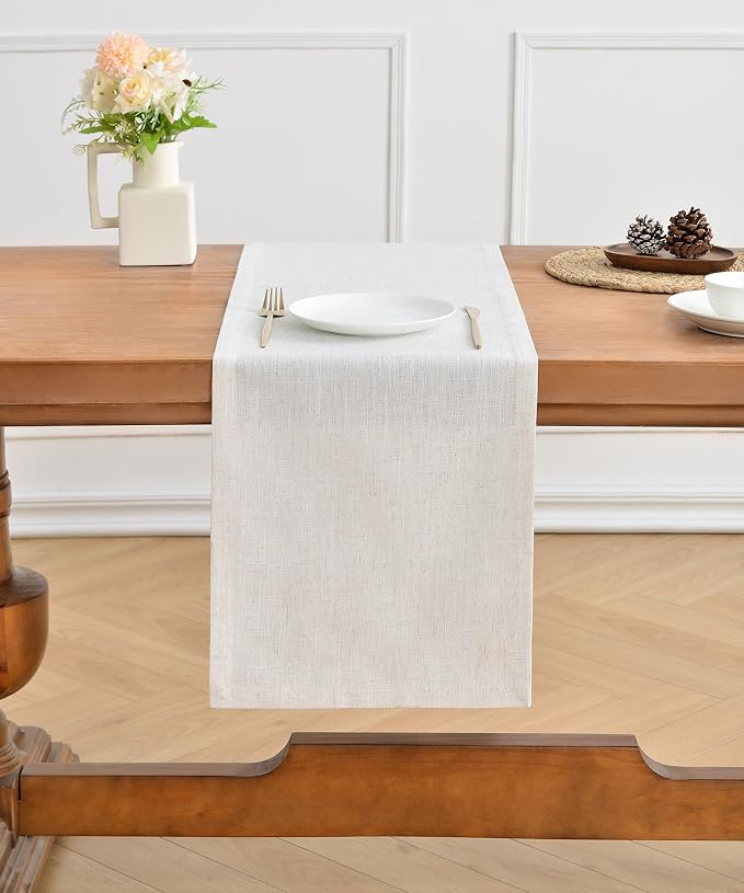 Wracra Linen Style Table Runner, Rustic Farmhouse Off White Table Runners 108 Inches Long, Handcrafted Table Runner for Fall, Winter - Everyday Use and Machine Washable