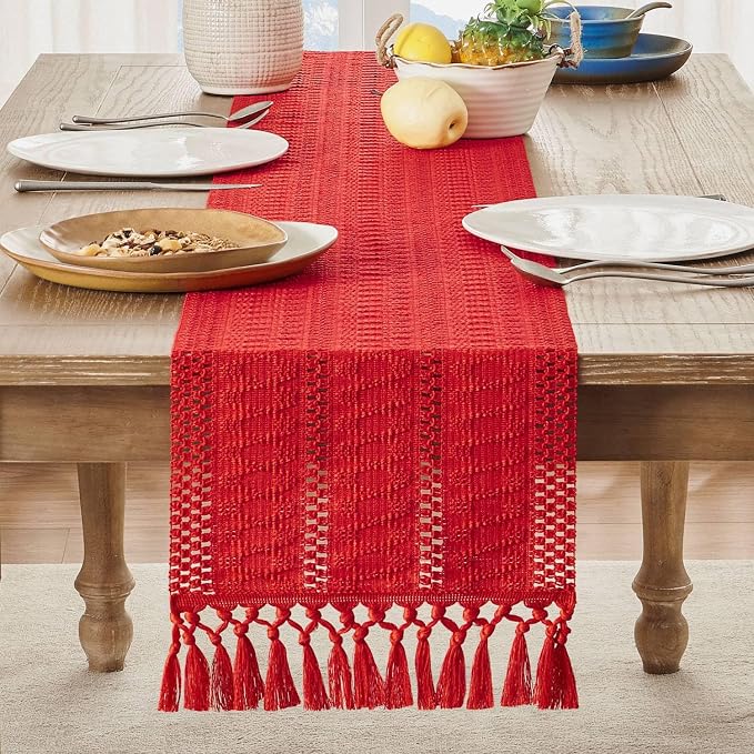 ZeeMart Macrame Style Boho Table Runner, Red Table Runners 108 Inches Long, Farmhouse Woven Home Decor, 12x108 Inch, Red
