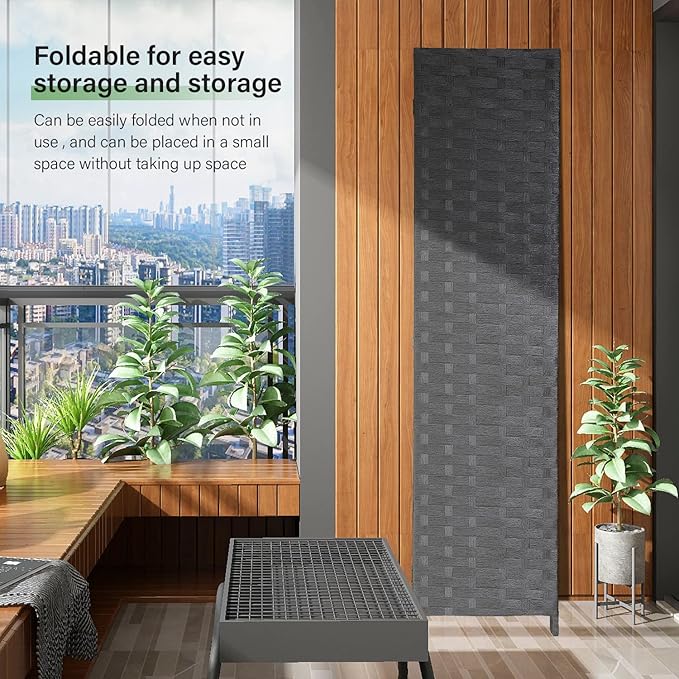 FDW Room Divider Wood Screen Mesh Woven Design Folding Portable Partition Screen Wood for Home Office (4 Panel, Gray)