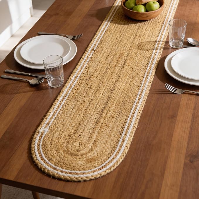 Encasa XO Dining Table Runner | Jute Handmade Style | Size 12x54 in | Off White & Jute Natural Bleach Color | for Coffee & Center Table