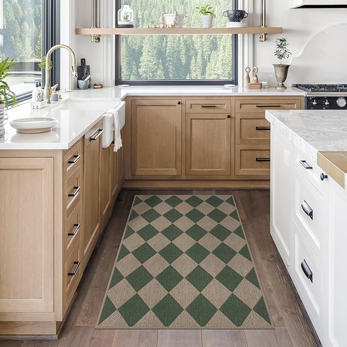 Rugalia Easy Jute Checkered Indoor Outdoor Doormat, 2.6x4 Green Modern Entryway Rug Non-Slip Washable Kitchen Rug, Neutral Farmhouse Diamond Throw Rugs for Entrance Bedroom Porch Patio
