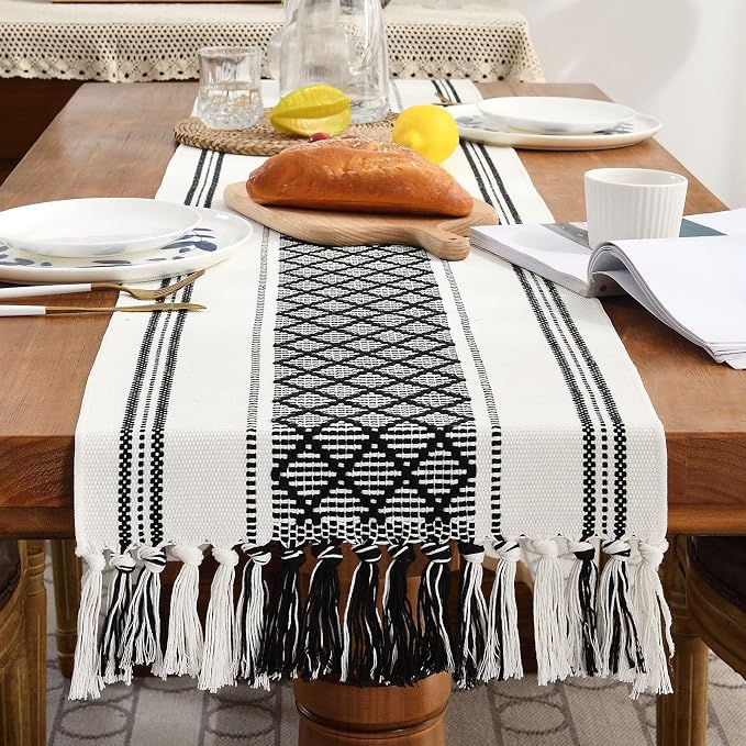 Wracra Boho Woven Table Runner 14 x 108 inches Black and White Rustic Table Runners Modern Farmhouse Style Vintage Rustic Table Runner with Tassels for Dresser Home Dining Table Decor(Black, 108")