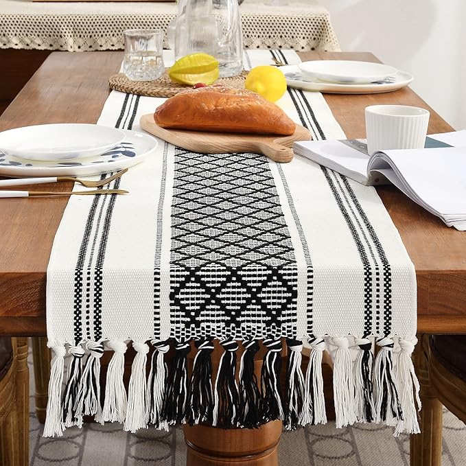 Wracra Boho Woven Table Runner Modern Farmhouse Style Table Runner, Black and White Table Runners 90 Inches Long with Tassels for Bohemian Party Dresser Vintage Home Farmhouse Dining Table Decor