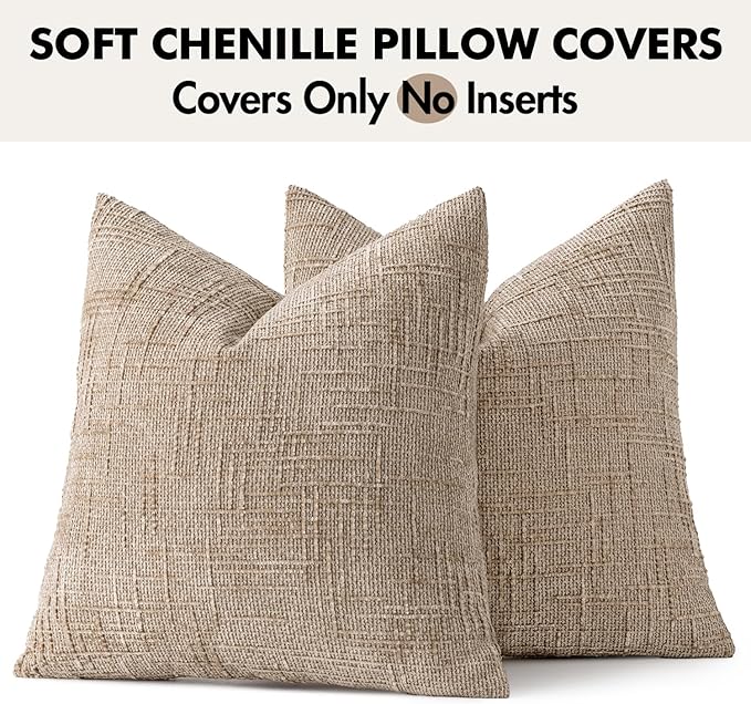MIULEE Textured Throw Pillow Covers Thick Chenille Decorative Pillows Oatmeal 20x20 Inch Set of 2 Modern Boho Farmhouse Home Decor Neutral Cushion Covers for Couch Sofa Living Room Bedroom