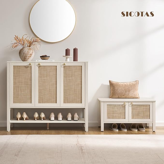 SICOTAS Rattan Shoe Cabinet with Storage - 2 Pieces Large Boho Shoe Organizer with 3 Doors & Adjustable Shelves, Tall Farmhouse Shoe Rack Cabinet for Entryway, Hallway, Living Room (White)