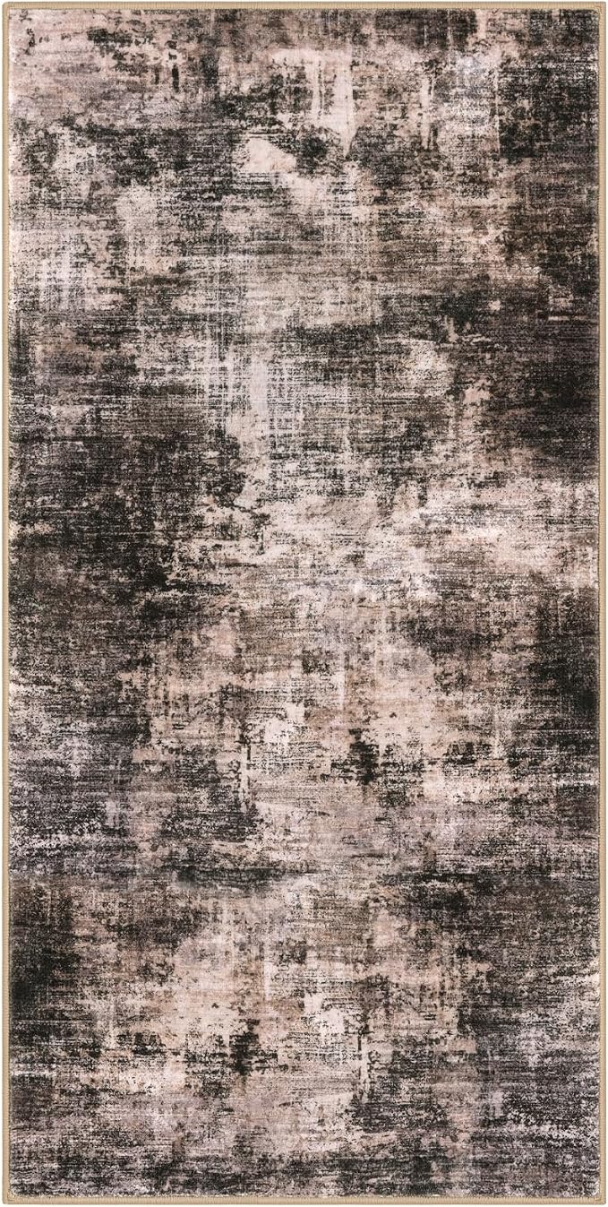 IOHOUZE Abstract Runner Rug 3x6 Ft Washable Runners for Hallways, Non Slip Kitchen Runner Printed Faux Wool Entryway Runner Indoor, Modern Abstract Floor Carpet for Hall Kitchen Bedroom, Brown/Rust