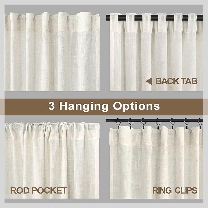 Natural Linen Extra Long Curtains 9 FT for Living Room 2 Panel Sets Rod Pocket Back Tab Semi Sheer Light Weight Cream Ivory Colored Curtain for Bedroom Sunroom Window Treatments 38 x 108 Inch Length