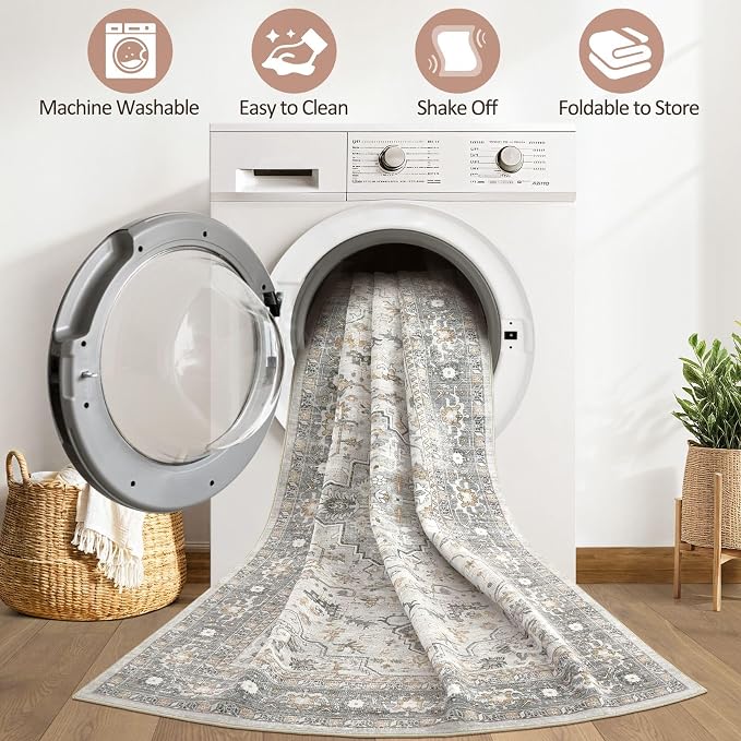 5x8 Area Rugs Living Room: Washable Boho Large Neutral Vintage Soft Rug Stain Resistant Distressed Farmhouse Non-Slip Indoor Floor Carpet for Bedroom Nursery Kids Office Dining Room- Taupe