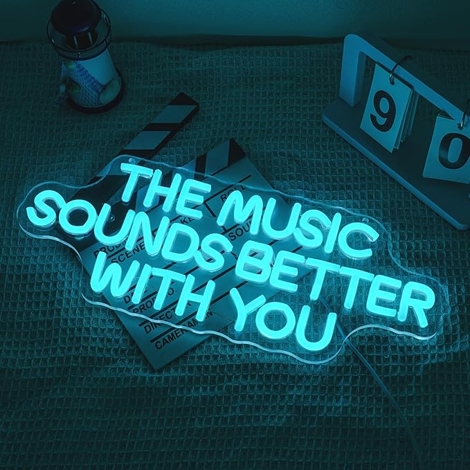 "The Music Sounds Better With You" Neon Sign Music Neon Light for Wall Decor Letter LED Neon Sign Blue Led Neon Light for Bedroom Studio Record Shop Decoration