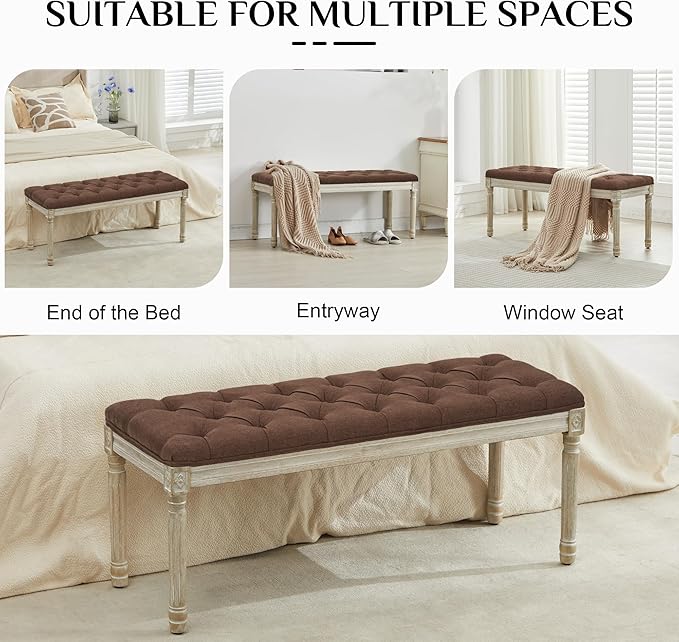 LOULENS 43.9" Linen Fabric End of Bed Bench, Vintage French Upholstered Button Tufted Entry Bench, Window Seat with Carved Wood Legs for Bedroom, Living Room, Entryway, Foyer, Hallway, Brown