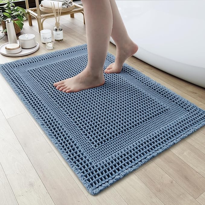 AMOAMI Waffle Bath-Mat, Absorbent Bath Mats for Bathroom Non Slip, Machine Washable Bathroom Rugs with Tassels Ultra Soft Boho Bath Rugs for Floor 17"x24" Blue