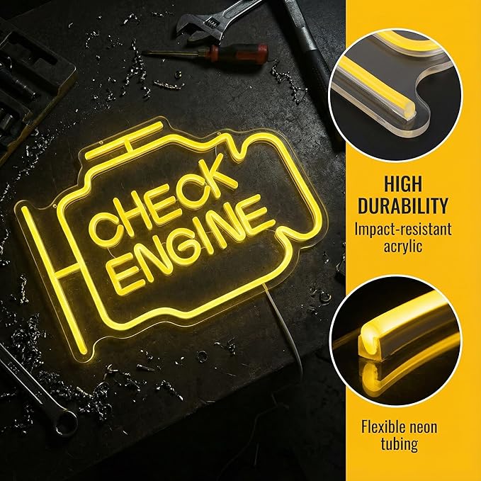 Check Engine Light Neon Sign for Man Cave & Garage, Large Size LED Wall Art, USB Powered, Funny Gift for Dad, Car Guys on Birthday & Father‘s Day - 15.7x11.8in Yellow Sign