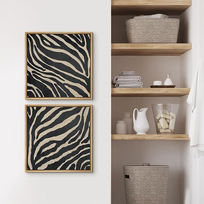 SIGNFORD Framed Canvas Print Wall Art Set Zebra Pattern Artwork, Black and Cream Animal Stripe Illustrations Modern Art Minimal Relax/Calm for Living Room, Bedroom, Office - 16"x16"x2 NATURAL