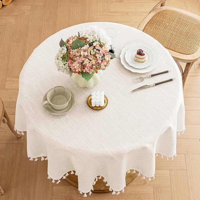 Alsoo Tablecloth Round Table 55" x 55" Linen Look Texture Cotton Tablecloth Waterproof Wrinkle Free Heavy Duty Tables Cover with Tassel for Kitchen Dining Holiday Party, Ivory