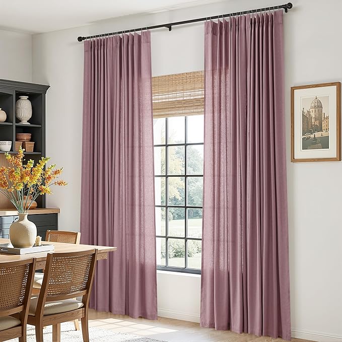Ash Rose Pinch Pleated Linen Curtains 90 Inch Length 2 Panels for Living Room Bedroom Semi Sheer Window Curtain Boho Neutral Back Tab Pinch Pleat Drape with Hooks 40x90