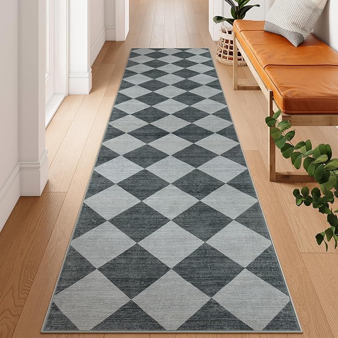 Beeiva Checkered Kitchen Runner Rug 2.5x10, Ultra Thin Washable Runners for Hallways Non Slip, Moroccan Trellis Print Non Shedding Kitchen Runner Rugs, Stain Resistant Blue/Grey Hallway Home Decor