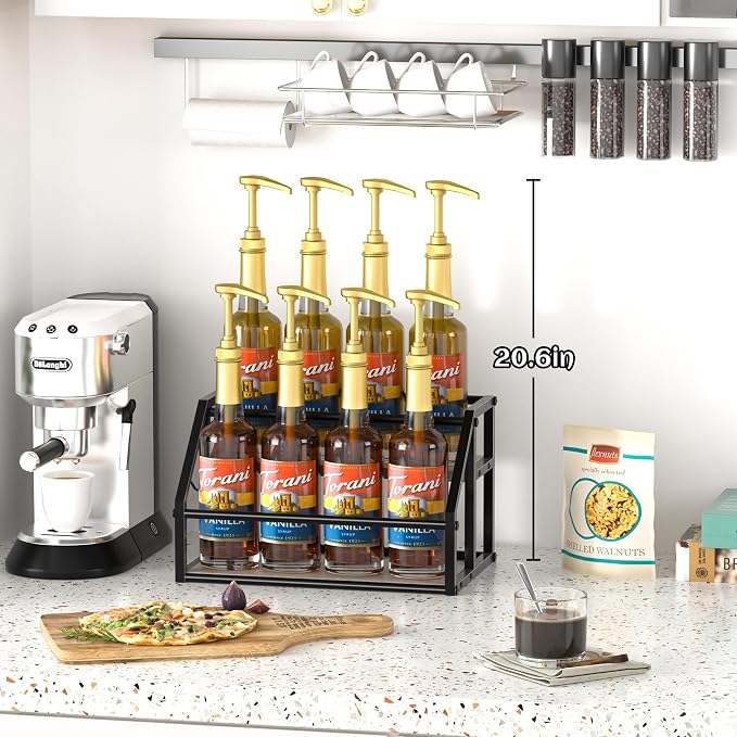 Coffee Syrup Rack Organizer, Syrup Bottle Holder Stand for Coffee Bar, 2-Tier 8 Bottles Storage Shelves for Syrup, Wine, Dressing for Kitchen Countertop, Greige