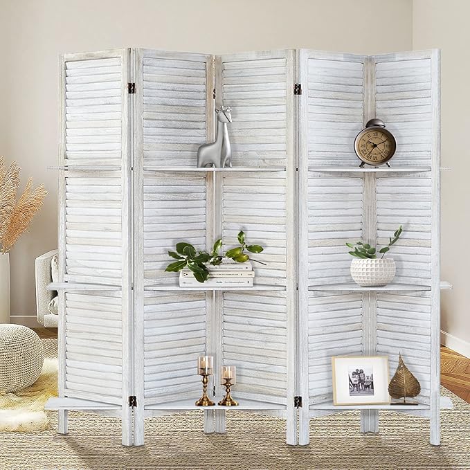 Room Divider with Shelves, Privacy Screen, Room Dividers and Folding Privacy Screens, 5 Panel Wood Temporary Wall Partition Separation Separator, Distressed White