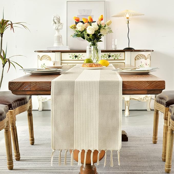 Wracra Linen Table Runner, Farmhouse Macrame Table Runners 36 Inches Long for Dining Table Decor, Wedding, Party and Dresser Decor (Coffee,36")