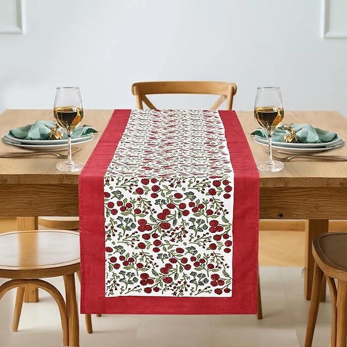 Ridhi Garnet Red Hand Block Print 100% Cotton Reusable Table Runner 16" X 90" Inches Table Runner Decorative Everyday Use for Dining, Home Gift for Spring, Easter, Valentine