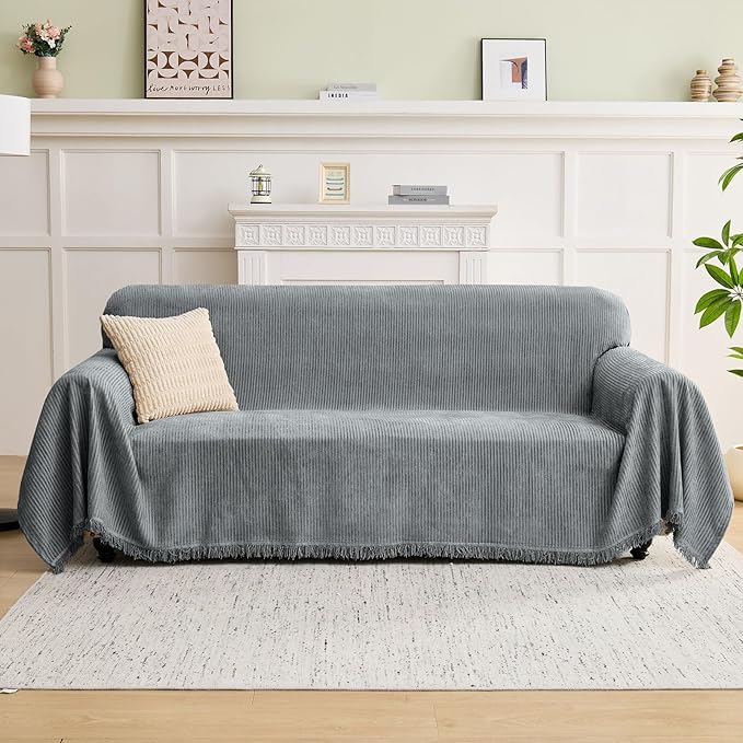 LOMAO Couch Cover Sofa Covers for 3 Cushion Sectional Couch Covers L Shape Couch Cover with Tassel Sofa Protector Washable Reversible Chenille Sofa Slipcover for Pet (Light Grey,Large(71 * 118))