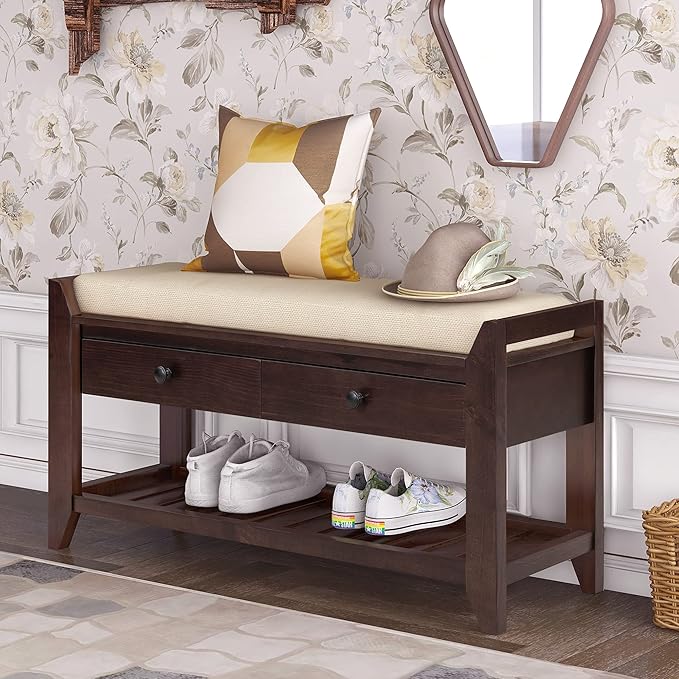 Knocbel Entry Storage Bench Shoes Rack with Cushioned Seat, 2 Drawers & Slatted Shelf, Living Room Entryway Hallway Foyer Shoe Bench Bedroom End of Bed Bench (Espresso 2-Drawer)