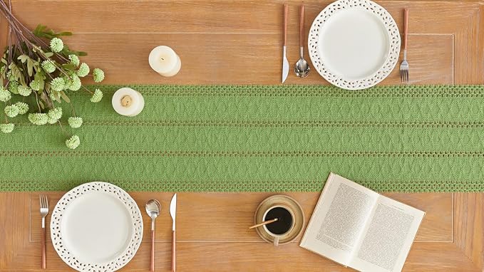 YATOJUZI Green Table Runner Pure Green Boho Table Runners with Tassels 108 Inches Seasonal Long Table Runner Rustic Farmhouse Table Runners for Bohemian Dining Bedroom Kitchen Decor 12x108 Inches