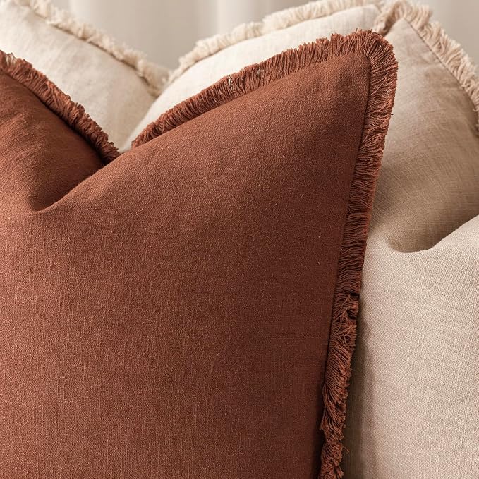 Foindtower Set of 2 Decorative Linen Fringe Throw Pillow Covers Farmhouse Cushion Cover with Tassels Soft Accent Pillowcase for Couch Chair Sofa Bed Living Room Home Decor,22×22 Inch,Fall Rust Orange