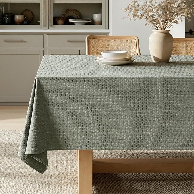 MIULEE Olive Green Linen Cotton Table Cloth Rectangle Tablecloth Spring Waterproof Spillproof Cross-Star Textured Table Cloth Decorative Farmhouse Style for Dining Party Weddings 52x70 Inch