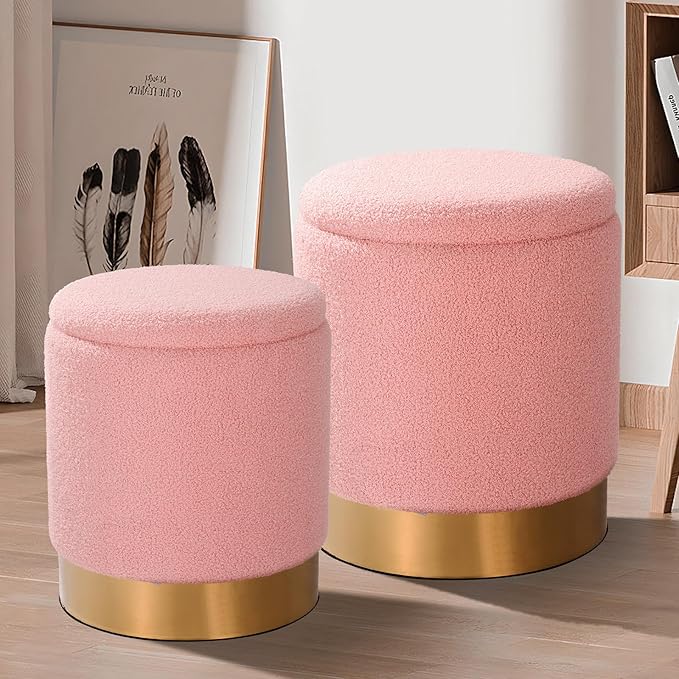 YYW HOME Sherpa Round Ottoman Set of 2 with Storage, 12 Gallon Hidden Storage Ottoman, Multi-Functional Footrest Stool, Vanity Seat, Coffee Table, No Assembly Required, Holds 300lbs (Teddy Pink)