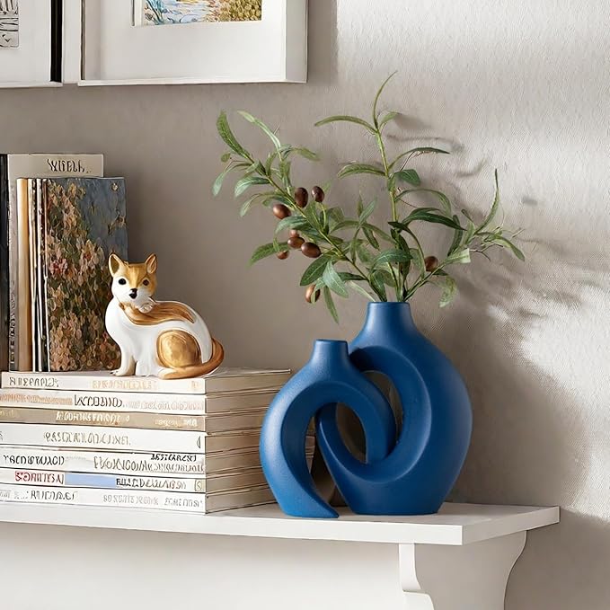 Liotww Snuggle Hollow Ceramic Vase Set of 2, 8.4 Inch Hug Donut Modern Nordic Boho Style Vases for Home Decor Anthropologie Aesthetic Living Room Shelf Coffee Table Decorative (Navy Blue)