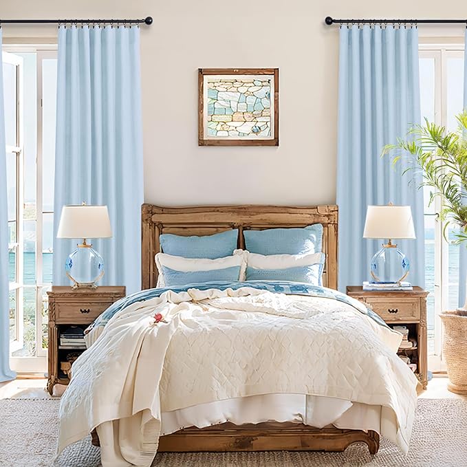 Light Blue Curtains 96 Inches Long for Living Room Back Tab Linen Light Filtering Modern Farmhouse Coastal Decor Baby Blue Cotton Textured Gauze Curtains for Dining Room Bedroom 52x96 Length Pale Blue