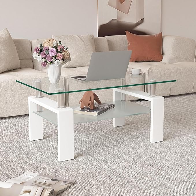 Glass Coffee Table for Living Room, Modern Coffee Table with Transparent Tempered Glass Top and White Metal Legs, Rectangle Tea Table for Home