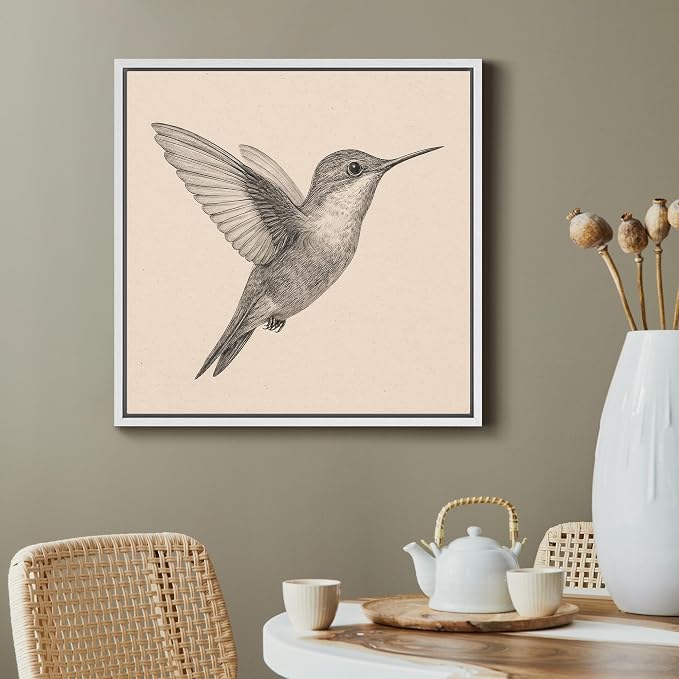 SIGNFORD Framed Canvas Print Wall Art Hummingbird Vintage Sketch Modern Art Relax/Calm Warm for Living Room, Bedroom, Office - 16"x16" WHITE
