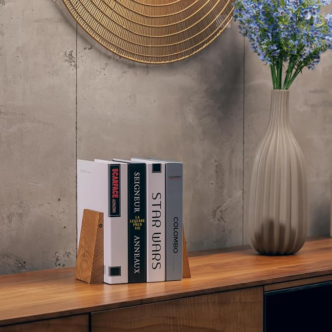 TILISMA Book Ends for Shelves - Handmade Wooden Bookends with Metal Base, Walnut Tree - Sturdy Book Holders for Bookshelves - Fancy Modern Decorative Bookends, Heavy Duty – Home Décor Accessories