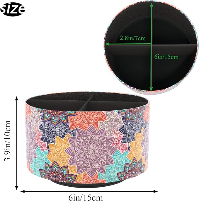 Round Leather Art Supply Organizer,Remote Control Holder,360 Degree Rotating,Multi-Functional Pencil Holder,4 Compartments Desktop Stationary Organizer(1-Colorful Flower)