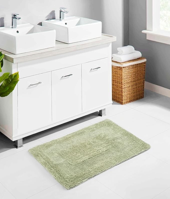 COTTON CRAFT Luxurious Bath Mat Rug - Set of 2 Reversible Heavyweight Step Out Bath Mats for Bathroom Floor, Tub and Shower - Pure Cotton Soft Plush Absorbent Tufted Racetrack Mat - 17x24 - Sage Green