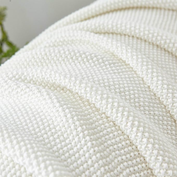 Longhui bedding 100% Cotton Ivory White Lightweight Cable Knit Throw Blanket for Couch Sofa Bed Home Décor – 50“ x 60”, Bonus Laundering Bag, Machine Washable