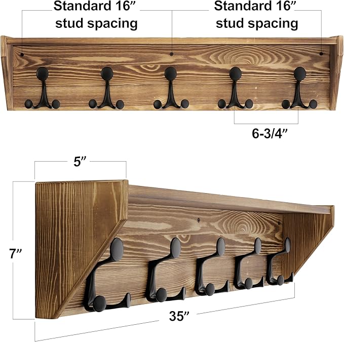 SKOLOO Wall Shelf with Hooks, 35-Inch Coat Rack Wall Mount with Shelf Organizer - Heavy Duty, 5 Tri Hooks - Perfect for Entryway, Hallway, Living Room, Bedroom, Mudroom, Wood Brown & Black