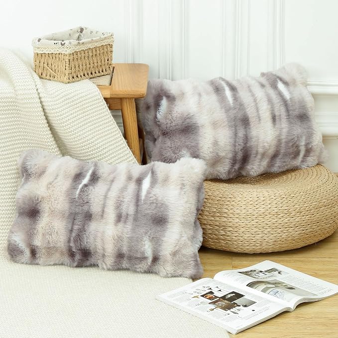 MADIZZ Pack of 2 Thick Plush Faux Wool Throw Pillow Covers Soft Boho Throw Pillows Luxurious Cushion Covers for Couch Sofa Bedroom Living Room Home Decor 12x20 Inch Grey Taupe