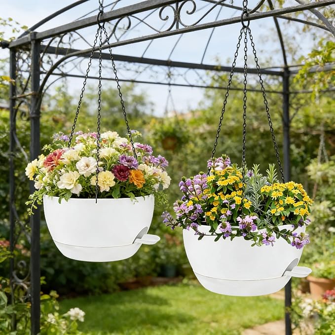 12" Self Watering Hanging Planters with Chains, White, 2 Pack | 43 Oz removable self-watering reservoir, for indoor/outdoor plants, patio & garden