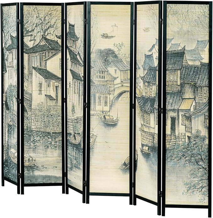 MyGift 6 Panel Room Divider Privacy Partition with Dual-Sided Vintage Asian Water Village Ink Brushed Print Design, 6FT Black Wood Framed Decorative Artwork Folding Screen 94.6''W x 68.9''H