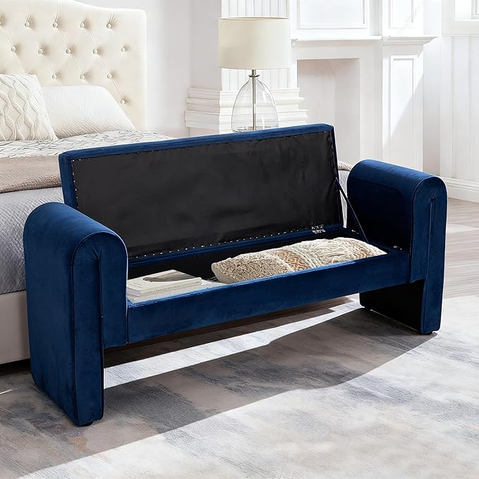 60.5" End of Bed Bench Storage Bench for Bedroom,Soft Velvet Upholstered Ottoman Bench with Rolled Arms, Eentryway Bench with Storage for Living Room,Hallway, Dressing Room (Dark Blue)
