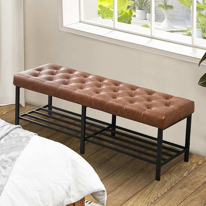 SOFTHION 55.5" End of Bed Bench, Modern Leather Button Tufted Bedroom Bench, Upholstered Storage Shoe Bench with Metal Base, Dinning Table Bench for Living Room, Bedroom, Entryway,Brown