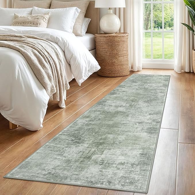 IOHOUZE Abstract Runner Rug 2x8 Ft Washable Runners for Hallways, Non Slip Kitchen Runner Printed Faux Wool Entryway Runner Indoor, Modern Abstract Floor Carpet for Hall Kitchen Bedroom, Sage Green