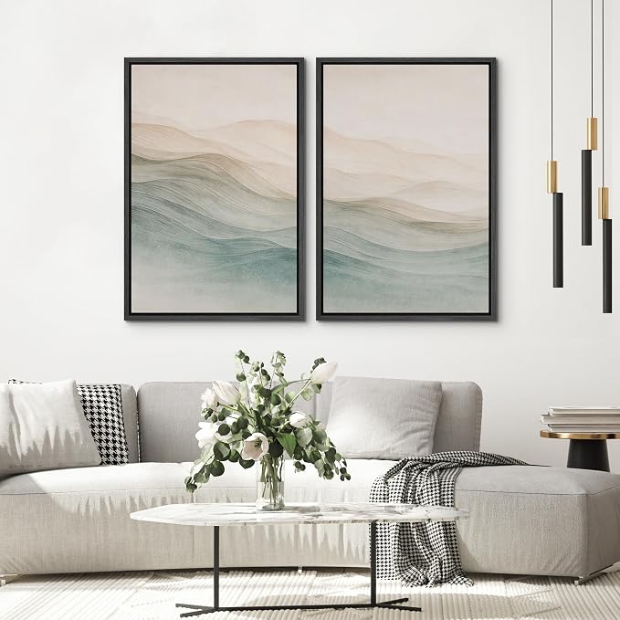 SIGNWIN Framed Canvas Print Wall Art Set Minimalist Beige Green Flowing Hills Abstract Landscape Illustrations Modern Art Minimal Boho Relax/Calm for Living Room, Bedroom, Office - 16"x24"x2 Black