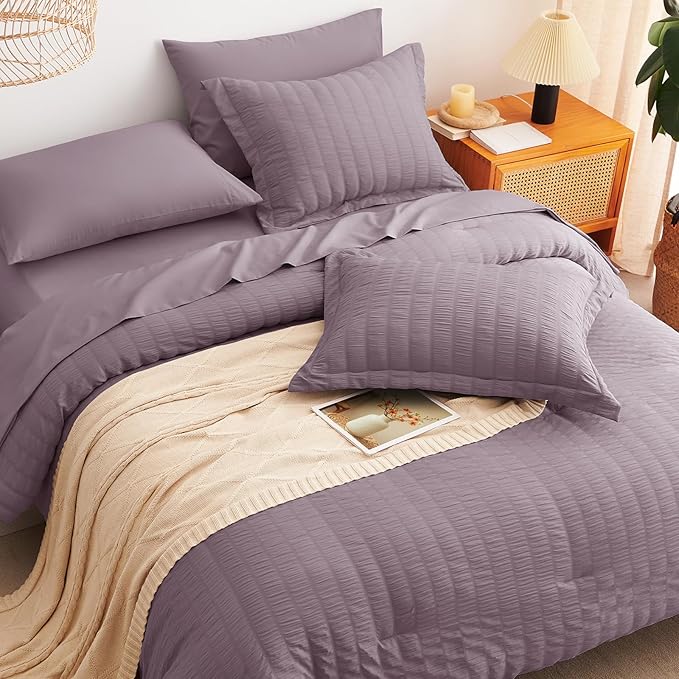 CozyLux Twin XL Comforter Set with Sheets Seersucker Dusty Purple 5 Pieces Bed in a Bag, Grayish Purple Twin Extra Long Bedding Sets College Dorm Down Alternative Comforter, Sheets, Pillowcase & Sham