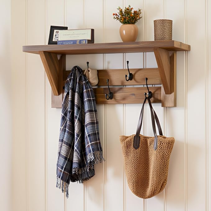Alaterre Furniture Bethel Wall-Mounted Coat Rack with Shelf – Rustic Farmhouse 40-Inch Solid Wood Entryway Organizer with 5 Black Metal Double Hooks & Upper Storage Shelf (Natural Aged Brown)