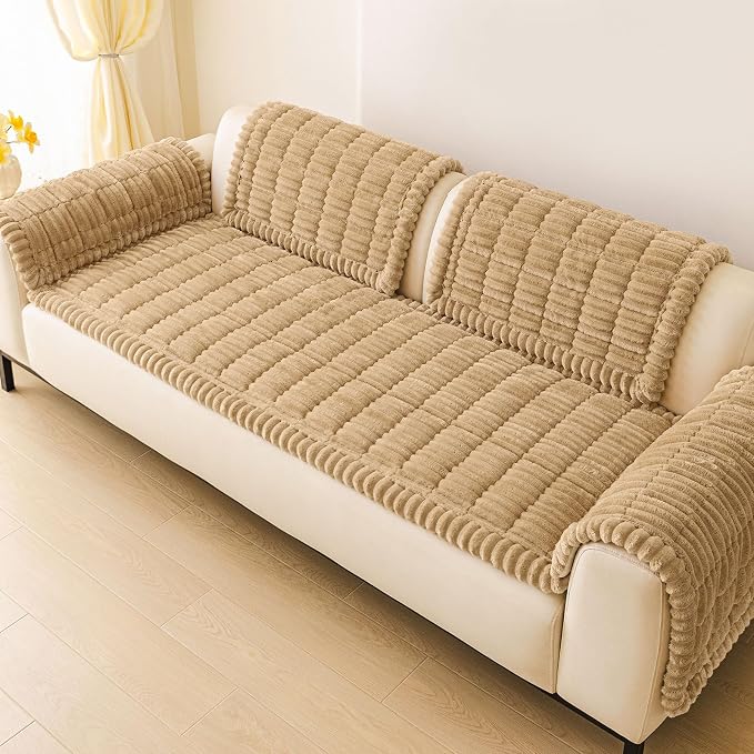 hyha Couch Cover for Dogs Washable, Non Slip Thick Flannel Sofa Protector, Pet Friendly Plush Furniture Cover for Sectional Sofa & Loveseat (Camel, 35.4" x 82.7")